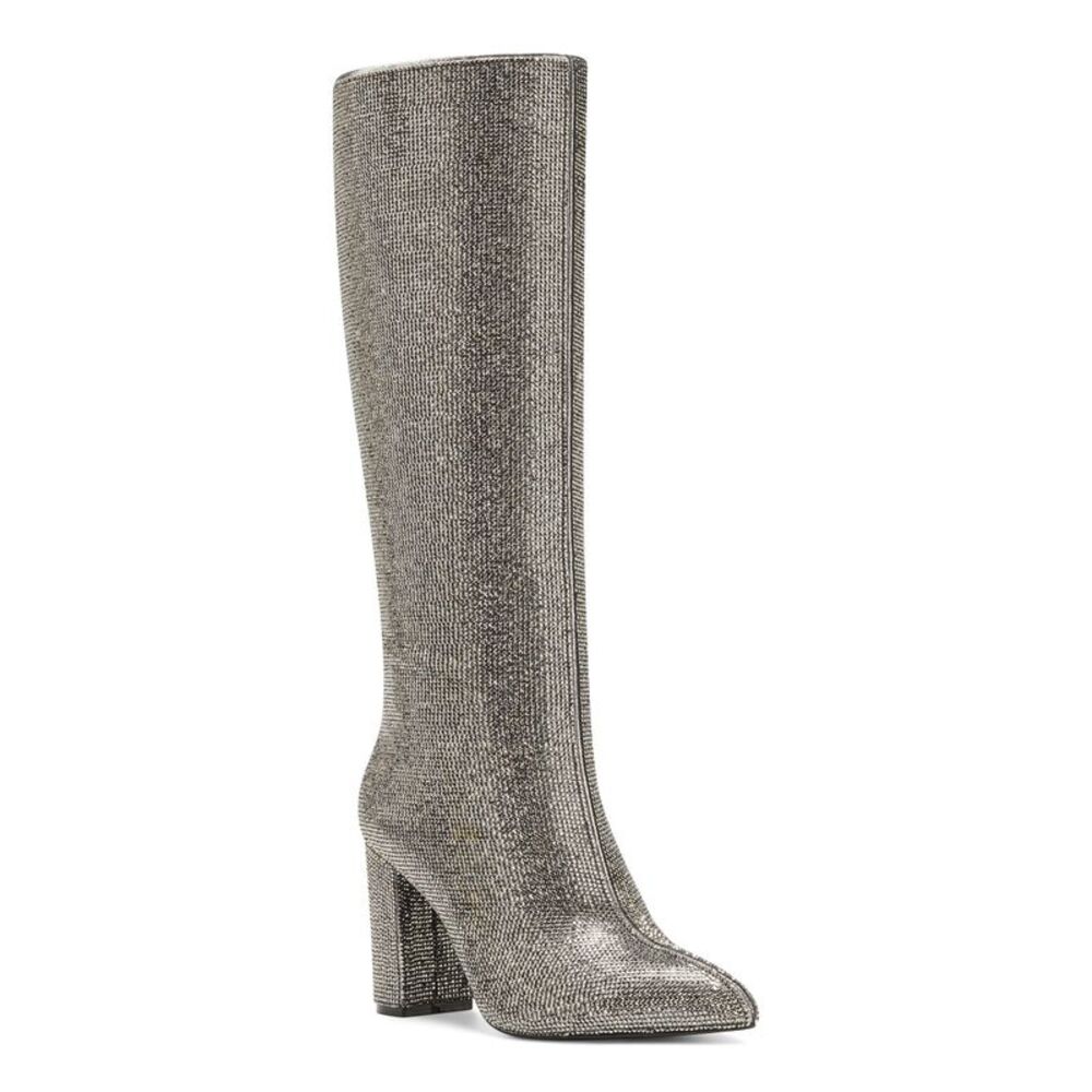 INC Womens Silver Shaft 15.5 Rhinestone Pointed Toe Block Heel Heeled Boots 8